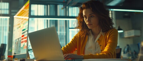 Poster - Using Laptop, female project manager analyzes information graphs on big screen in monitoring office. Hispanic woman working for big data company.