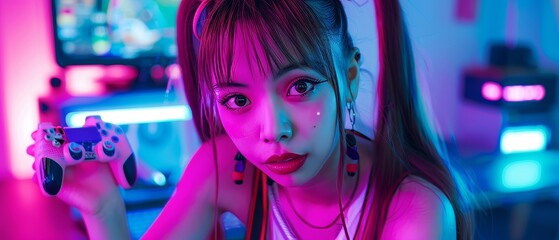 Wall Mural - Portrait of an Excited Japanese Gamer Girl Playing and Streaming Video Games in a Neon Room. An E-Sports Professional Playing an Online Tournament.