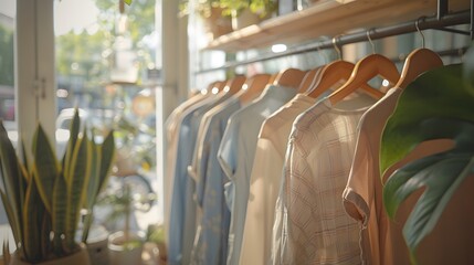 Wooden hangers holding shirts and blouses. A rack of chic, casual items in soft colors is displayed. The light from large windows creates a warm atmosphere. 