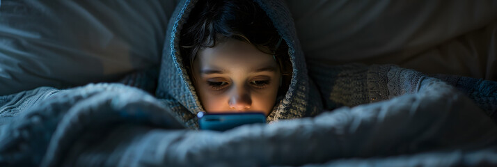 A child uses a smartphone under the blanket.