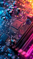 Poster - hightech motherboard, panoramic view, bathed in rainbow light, dynamic, colorrich background