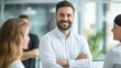 © yj - a good look business man standing in the office and talking to his team members. a positive atmosphere filled with energy and collaboration. generative AI