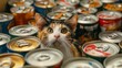 A chubby calico cat peeking out from behind a mountain of cat food cans