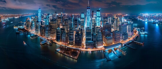 Canvas Print - Aerial view of New York City's night skyline with Manhattan landmarks, skyscrapers, and residential buildings. Wide Angle Panoramic Helicopter View.