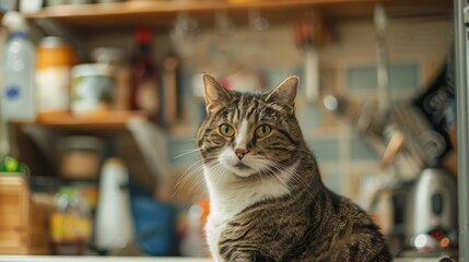 Poster - A chubby cat with a guilty expression caught in the act of raiding the pantry