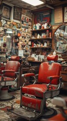 A barber shop with red chairs and mirrors in a room, AI