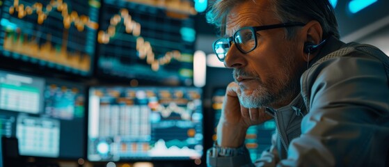 Poster - The image shows a middle-aged stock exchange broker connected to a multi-screen workstation with real-time charts for stocks, commodities, and exchange markets.