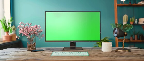 Poster - An interconnected desk with a computer monitor and a green screen chromakey mock-up display. A game developer's workstation in a creative agency.