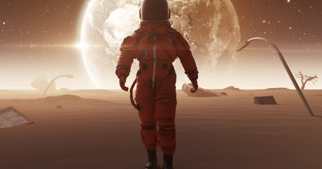 Wall Mural - a person in an astronaut suit, walks among abandoned city ruins. great destruction related 3d cg 4k 