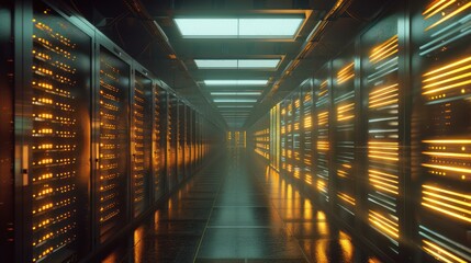 Poster - a large, industrial server room filled with rows of glowing computers. 