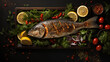 Fried seabass with vegetables on dark background top view