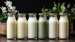 Set of various plant-based milks in bottles on a wooden table