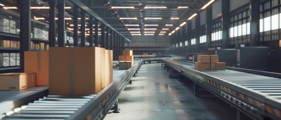 Poster - A modern warehouse the prepares online shopping orders, retail parcels and cardboard boxes for shipment on an automated conveyor belt