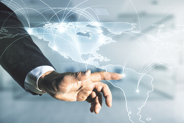 Poster - Double exposure of man hand working with abstract digital world map hologram with connections on blurred office background, big data and blockchain concept