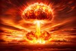 A graphic depiction of a nuclear explosion, with the mushroom cloud ablaze with fire and smoke, conveying the apocalyptic energy of the detonation in a detailed an