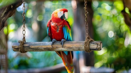 Poster - A colorful parrot perched on a wooden swing, enjoying freedom in captivity