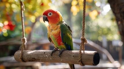 Poster - A colorful parrot perched on a wooden swing, enjoying freedom in captivity