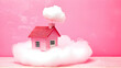 illustration of a diminutive pink paper house on a cotton cloud on pink background