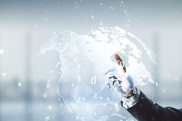 Poster - Man hand working with abstract virtual coding concept and world map on blurred office background. Multiexposure