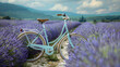 Bike rests against lavender field in French countryside, symbolizing charm of rural France and joy of cycling