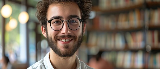 Poster - a handsome handsome male student is pictured proudly smiling on camera. he wears glasses, has a bear