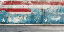 A Wall With A Flag And Stars On It. The Wall Is Covered In Graffiti And Has A Lot Of Damage
