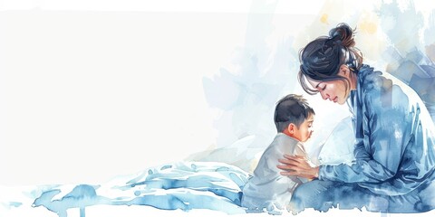 Wall Mural - A woman is holding a baby in her arms. The baby is wearing a white shirt. The woman is sitting on a bed