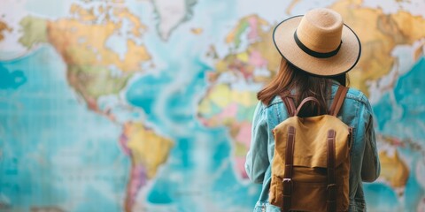 A woman wearing a straw hat and a backpack stands in front of a large world map. She is a traveler, possibly on a trip to a foreign country. Concept of adventure and wanderlust