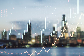 Wall Mural - Multi exposure of virtual creative financial chart hologram on blurry cityscape background, research and analytics concept