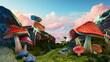 Magical various sized mushrooms basking in the warm glow of sunset against a dreamy sky. 3d render