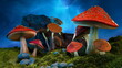 Variety of bright fly agaric mushrooms and toadstools thrive in the night landscape illuminated by radiant heavenly radiance. 3d render