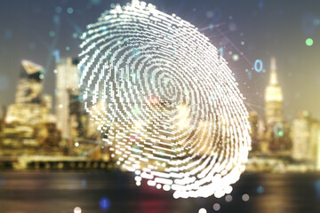 Aufkleber - Abstract virtual fingerprint illustration on blurry skyscrapers background, personal biometric data concept. Multiexposure