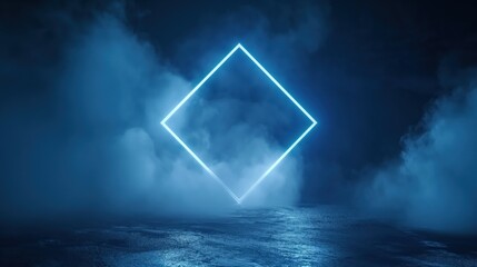 Poster - Abstract futuristic background with neon geometric shape and stormy cloud on night sky. Rhombus frame with copy space neon blue tone minimalism soft