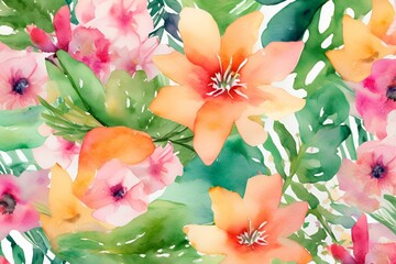 Wall Mural - Watercolor palm trees and exotic flowers background, Vibrant hues of green, yellow, and pink watercolor palm trees and exotic flowers background