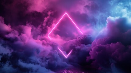 Poster - Abstract futuristic background with neon geometric shape and stormy cloud on night sky. Rhombus frame with copy space neon blue tone minimalism soft