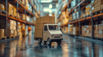 Third-party delivery concept, retro truck in warehouse, productivity commerce trade good business