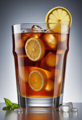 Refreshing cocktail with ice and lemon slices, isolated on a transparent background