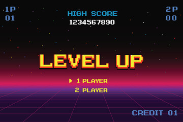 Poster - LEVEL UP. 1 player. Synthwave wireframe net illustration. pixel art .8 bit game. retro game. for game assets .Retro Futurism Sci-Fi Background. glowing neon grid. and stars.