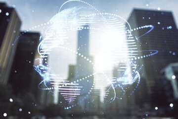 Poster - Abstract graphic digital world map hologram with connections on modern architecture background, globalization concept. Multiexposure