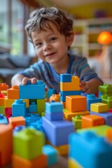 Canvas Print - A young boy playing with a large pile of colorful blocks, AI