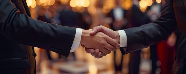 Two men in suits shaking hands at a business conference.