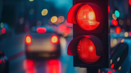 Canvas Print - A driver stopping at a red light with blurred traffic in the background, traffic signals