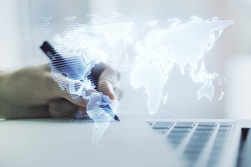 Poster - Multi exposure of abstract graphic world map and hand writing in diary on background with laptop, big data and networking concept