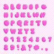 Glossy 3D imitation bubble font in Y2K style - pink English alphabet letters and numbers, childish vector illustration