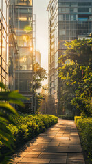 Wall Mural - Luxury condominium towers amidst lush greenery in a park setting. Contemporary architecture blends with nature. AI generative technology.