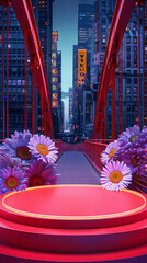Wall Mural - A neon red podium on a pedestrian bridge over the city, featuring a luxe nail polish collection, with soft lavender gerbera daisies adding a touch of romance, 