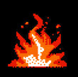 Pixel art of a burning flame on a dark background. Game element in 8-bit style.