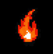 Pixel art of a burning flame on a dark background. Game element in 8-bit style.