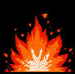 Pixelated image of burning and exploding flames on a dark background. Game element in 8-bit style.