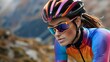 A fit woman cycling with helmet and glasses on a mountain road. Concept Fitness, Cycling, Outdoor Activities, Mountain Adventure, Protective Gear